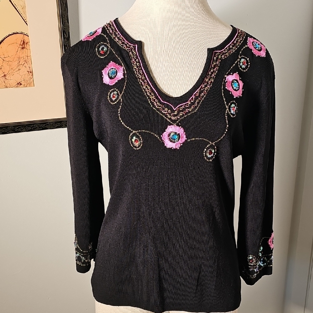 Joseph‎ A. Floral Embroidered Sweater Womens Size XL Black Beaded Knit Top